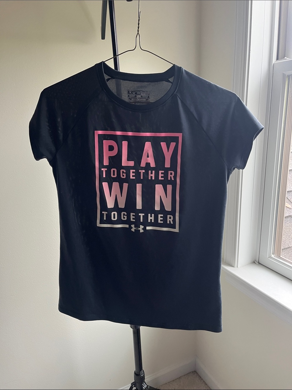 Under Armour Black Tee with Pink Gradient 'Play Together Win Together' Graphic